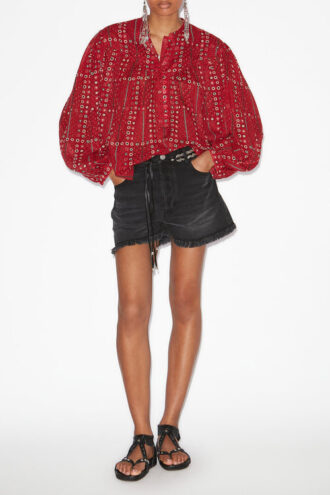 Blusa de voile de algodón estampada y fruncida Salika Blusa de voile de algodón estampada y fruncida Salika