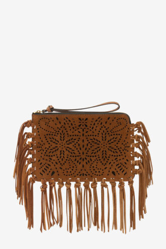 Bolso de mano plano con flecos de piel