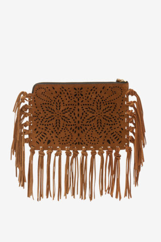 Bolso de mano plano con flecos de piel
