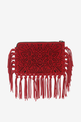Bolso de mano plano con flecos de piel
