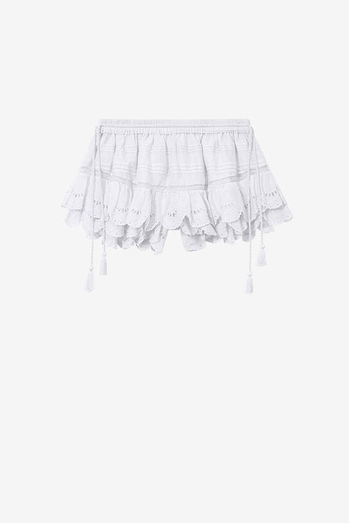 Pantalón corto Puria con volantes de algodón y encaje floral Pantalón corto Puria con volantes de algodón y encaje floral