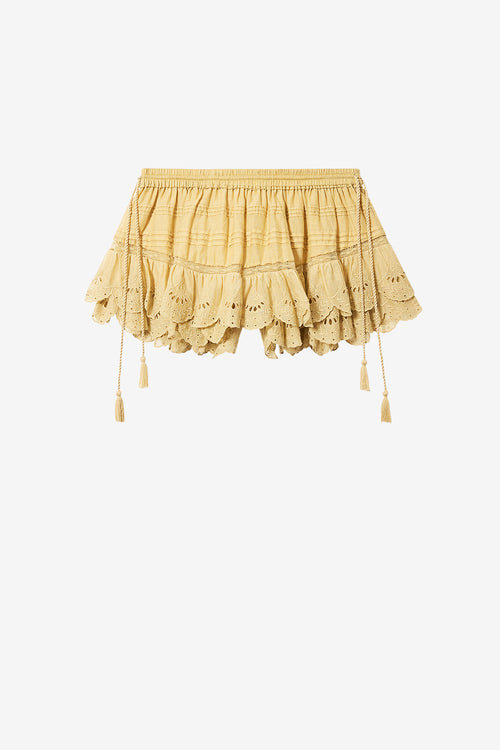 Pantalón corto Puria con volantes de algodón y encaje floral Pantalón corto Puria con volantes de algodón y encaje floral