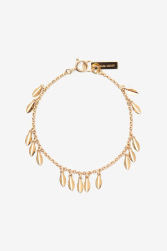 Pulsera de metal con hojas brillantes y colgantes