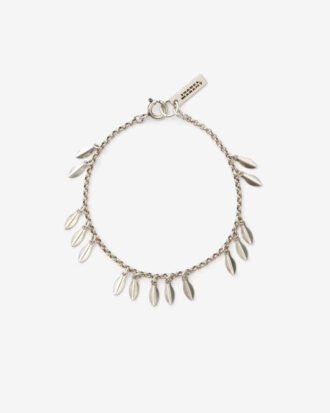Pulsera de metal con hojas brillantes y colgantes