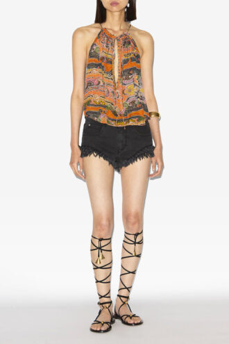 Top de seda estampado Marilou con tachuelas y ojales